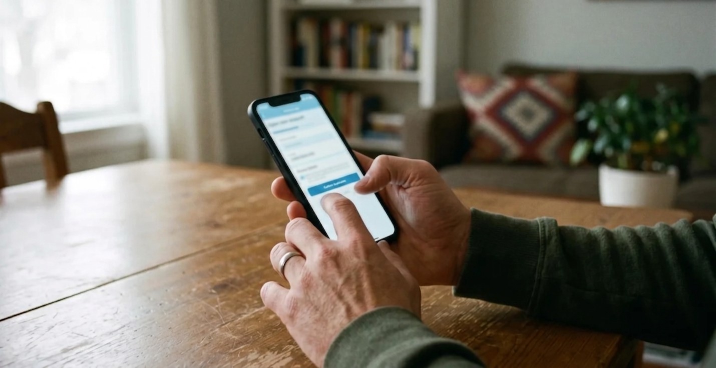 Une personne utilise l'application mobile bancaire sur son smartphone pour finaliser l'ouverture de son compte bancaire en ligne