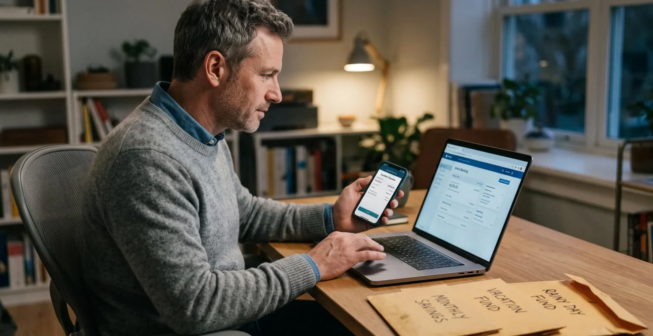 Un homme effectue un virement d'épargne sur son ordinateur à son bureau.